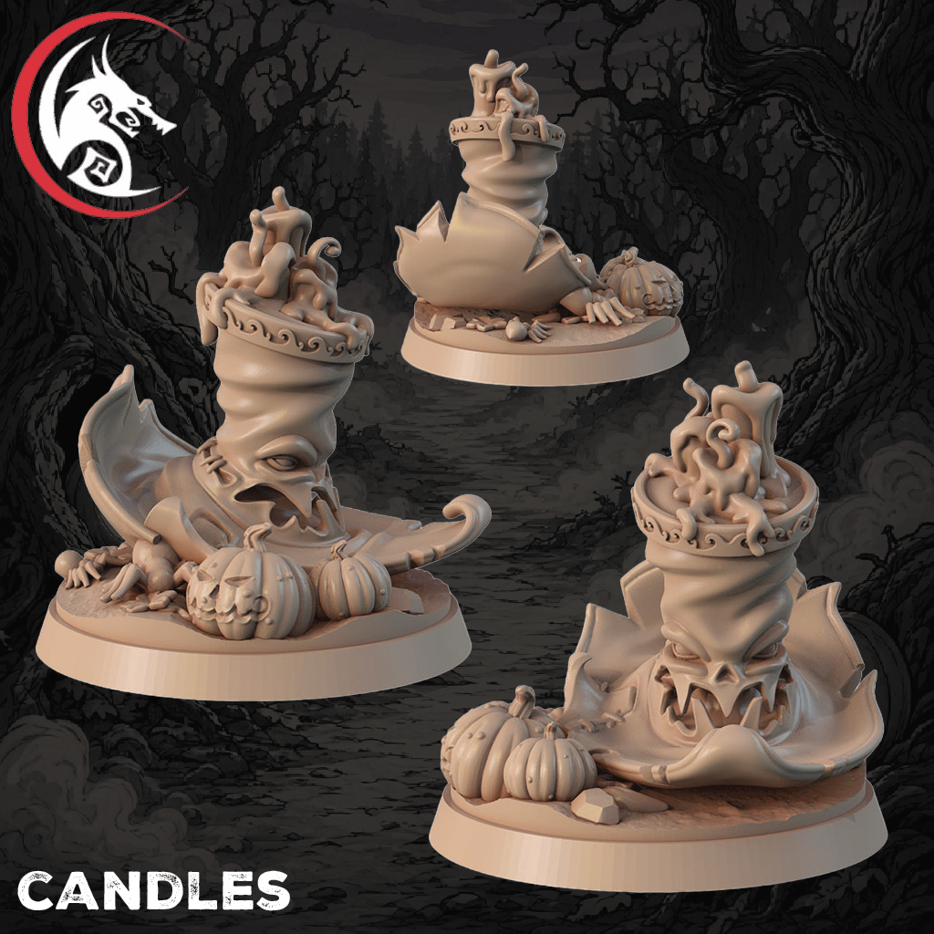 Three unpainted fantasy candle figurines with carved pumpkins and a dark gothic forest background. A red and black dragon logo is visible in the top-left corner, and the word 'CANDLES' appears in the bottom-left.