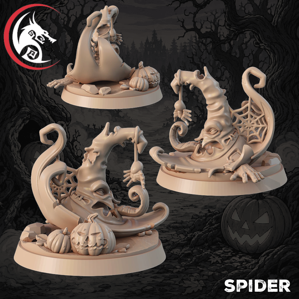Three unpainted fantasy tabletop miniatures shaped like spider-themed witch hats and spider-themed moon bases, shown on a dark spooky forest background. The logo in the top-left reads 'The Dragon' and the text 'SPIDER' appears in the bottom-right.