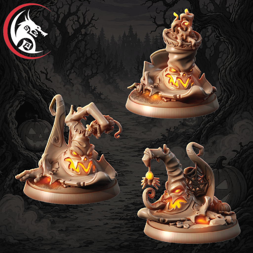 Three fantasy tabletop miniatures of twisted, pumpkin-like tree spirits with glowing orange eyes and a circular logo in the top-left corner, set against a dark spooky forest background.