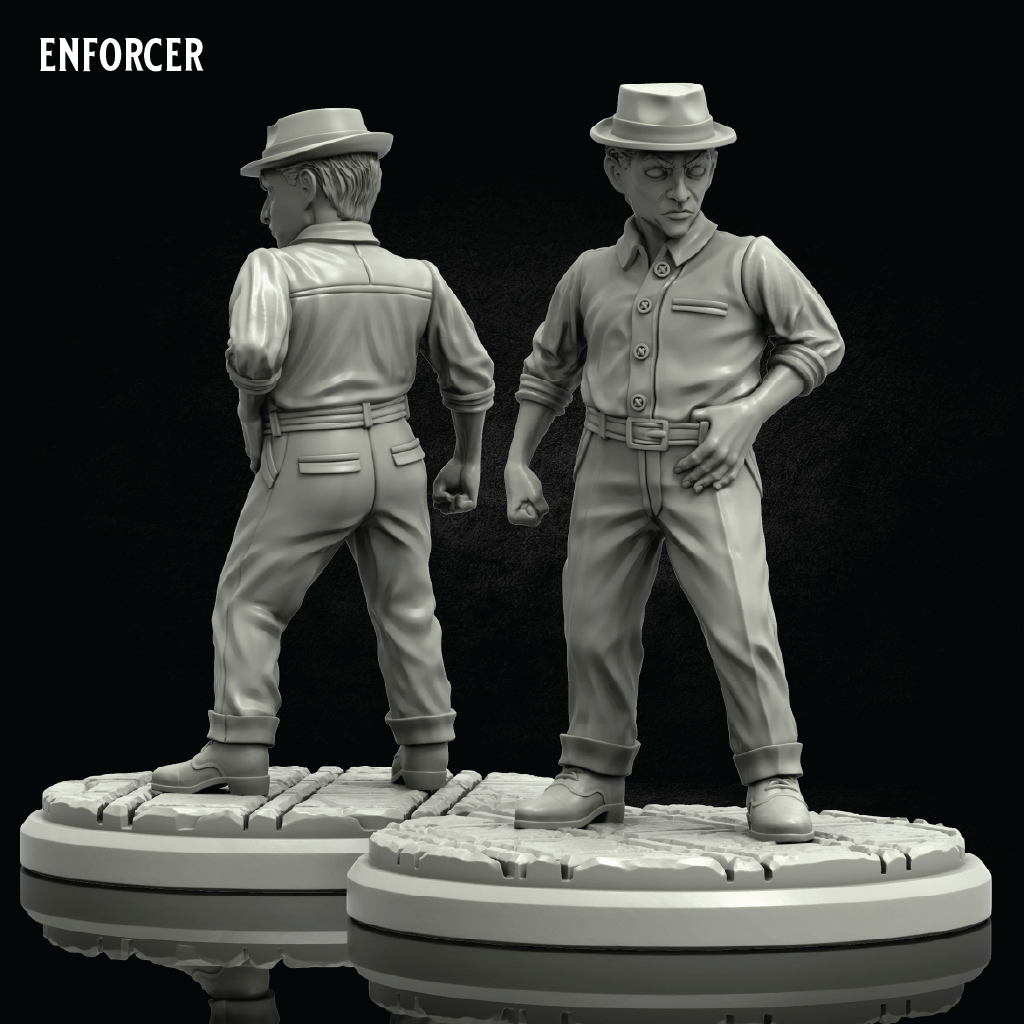 Two unpainted miniature figurines of a man in a hat and work shirt, shown from front and back views on circular bases against a black background, with the brand name ENFORCER in the top left corner.