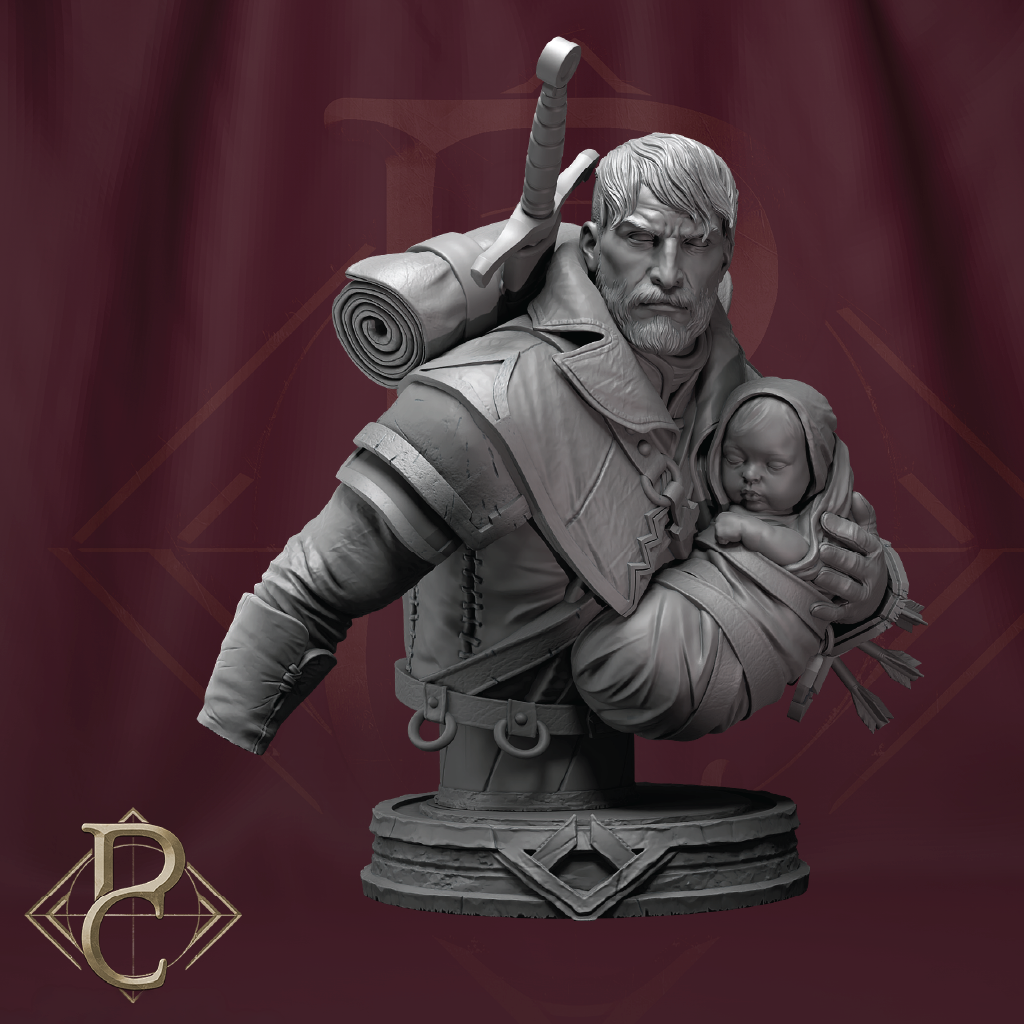 A grayscale fantasy bust statue of a bearded warrior holding a sleeping baby, shown against a dark burgundy backdrop with a stylized logo in the lower-left corner.