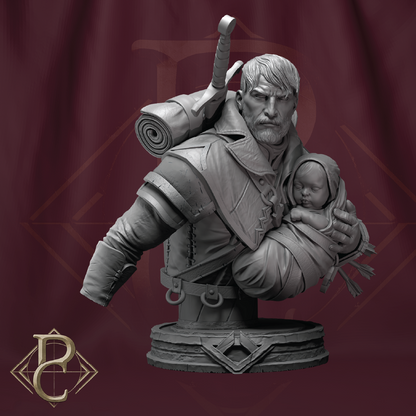 A grayscale fantasy bust statue of a bearded warrior holding a sleeping baby, shown against a dark burgundy backdrop with a stylized logo in the lower-left corner.