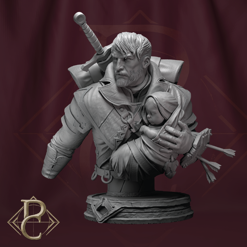 A monochrome gray fantasy bust sculpture of a bearded warrior holding a child, with a sword on his shoulder and an arrow at his side, set against a dark burgundy backdrop with a gold emblem in the lower left corner.