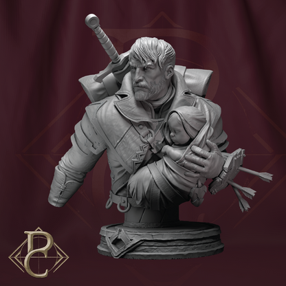 A monochrome gray fantasy bust sculpture of a bearded warrior holding a child, with a sword on his shoulder and an arrow at his side, set against a dark burgundy backdrop with a gold emblem in the lower left corner.