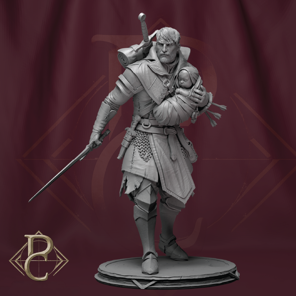 A monochrome fantasy miniature figurine of a warrior holding a child, standing on a round base against a dark burgundy backdrop with a stylized logo in the lower left corner.