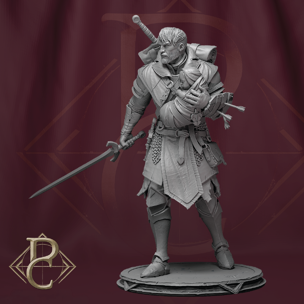 A gray unpainted fantasy warrior miniature figurine standing on a round base, holding a sword and shield, against a dark maroon backdrop with a gold logo in the lower left corner.