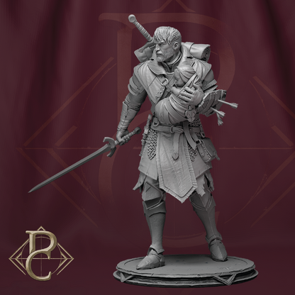 A gray unpainted fantasy warrior miniature figurine standing on a round base, holding a sword and shield, against a dark maroon backdrop with a gold logo in the lower left corner.