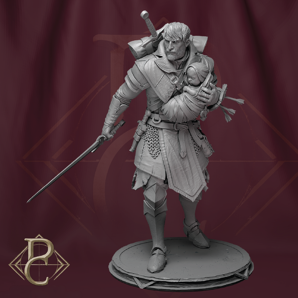 A monochrome gray fantasy warrior figurine standing on a round display base, holding a sword in one hand and cradling a child in the other, against a dark burgundy backdrop with a stylized logo in the lower left corner.
