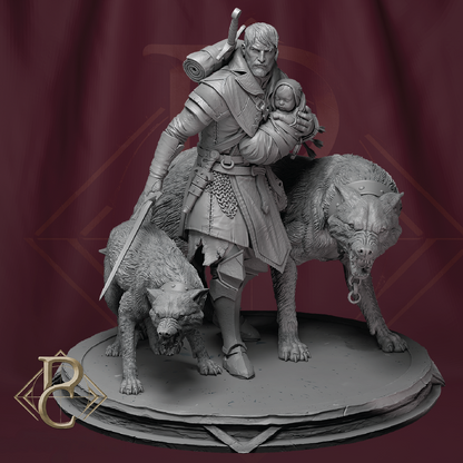 A monochrome fantasy figurine of a warrior carrying a child, accompanied by two hounds, displayed on a round base against a dark burgundy backdrop.