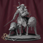 A grayscale fantasy warrior figurine holding a child, with two hounds at its feet, displayed against a dark burgundy backdrop with a faint decorative emblem and a gold monogram logo in the lower left.