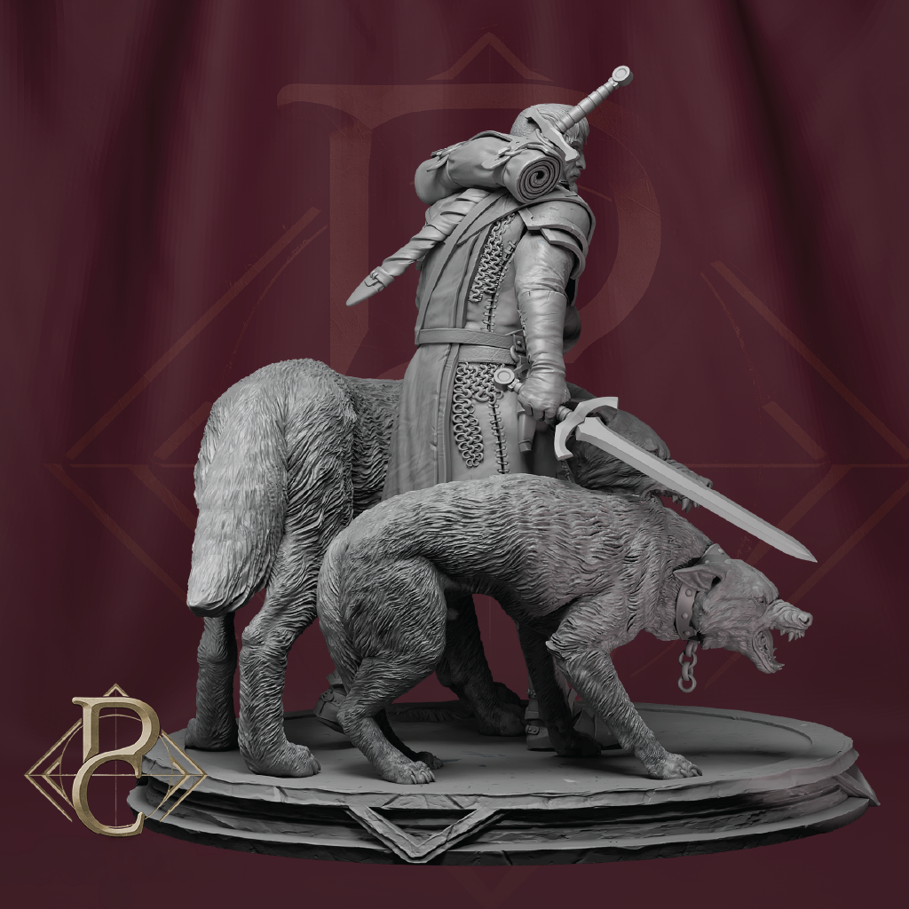 A grayscale fantasy figurine of an armored warrior on a wolf-like beast, posed on a circular base against a dark burgundy backdrop with a faint large letter B and a gold monogram logo in the corner.