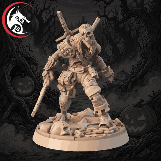 An unpainted fantasy miniature figurine of a skeletal warrior holding a sword, set against a dark, spooky forest background with jack-o'-lanterns. A red and black dragon logo is visible in the top-left corner.