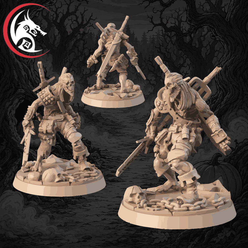 Three unpainted fantasy warrior miniatures shown on round bases against a dark illustrated forest background. A red and black dragon-head logo appears in the top-left corner.
