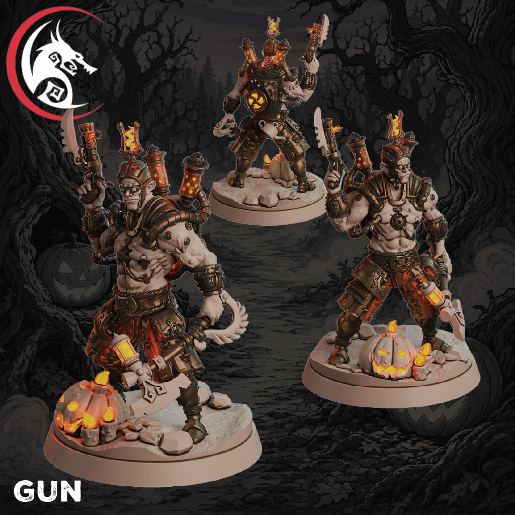 A set of three 3D renders of cyborg Frankenstein-like warriors wielding various weapons and machinery