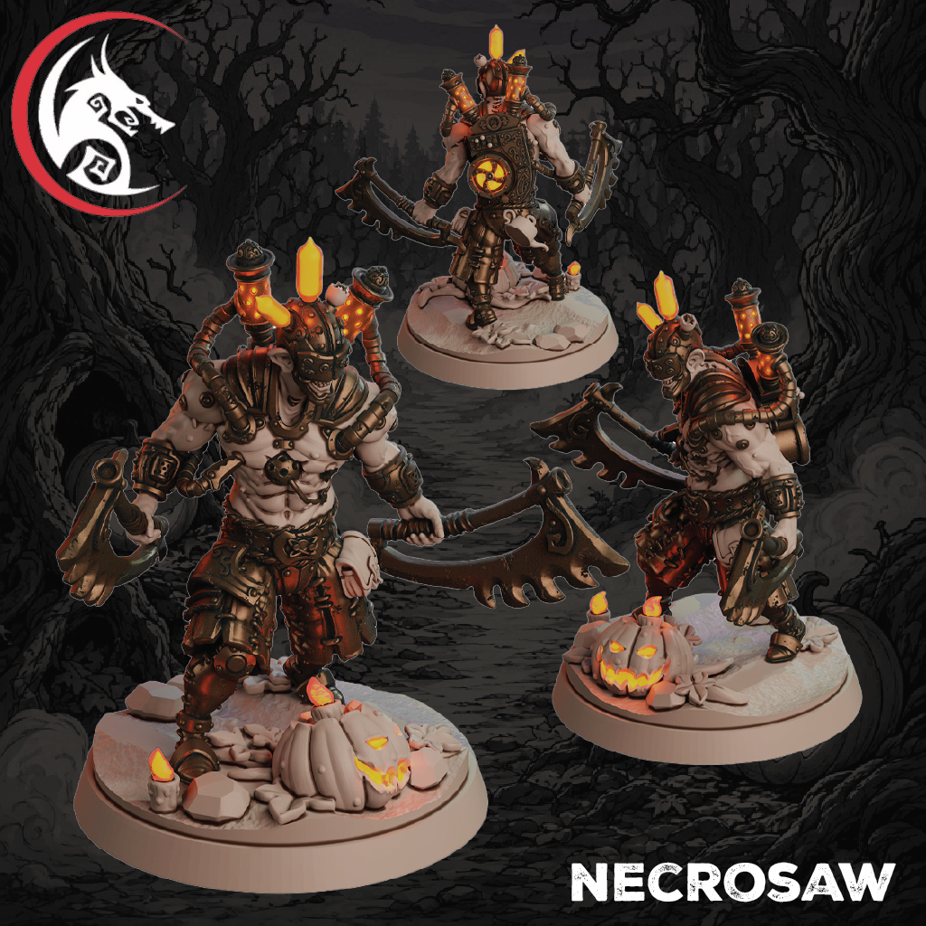 Three painted fantasy miniature figures labeled NECROSAW are shown on round bases against a dark spooky forest background. The figures are pale, muscular, and heavily armored with glowing candles, weapons, and carved pumpkins.