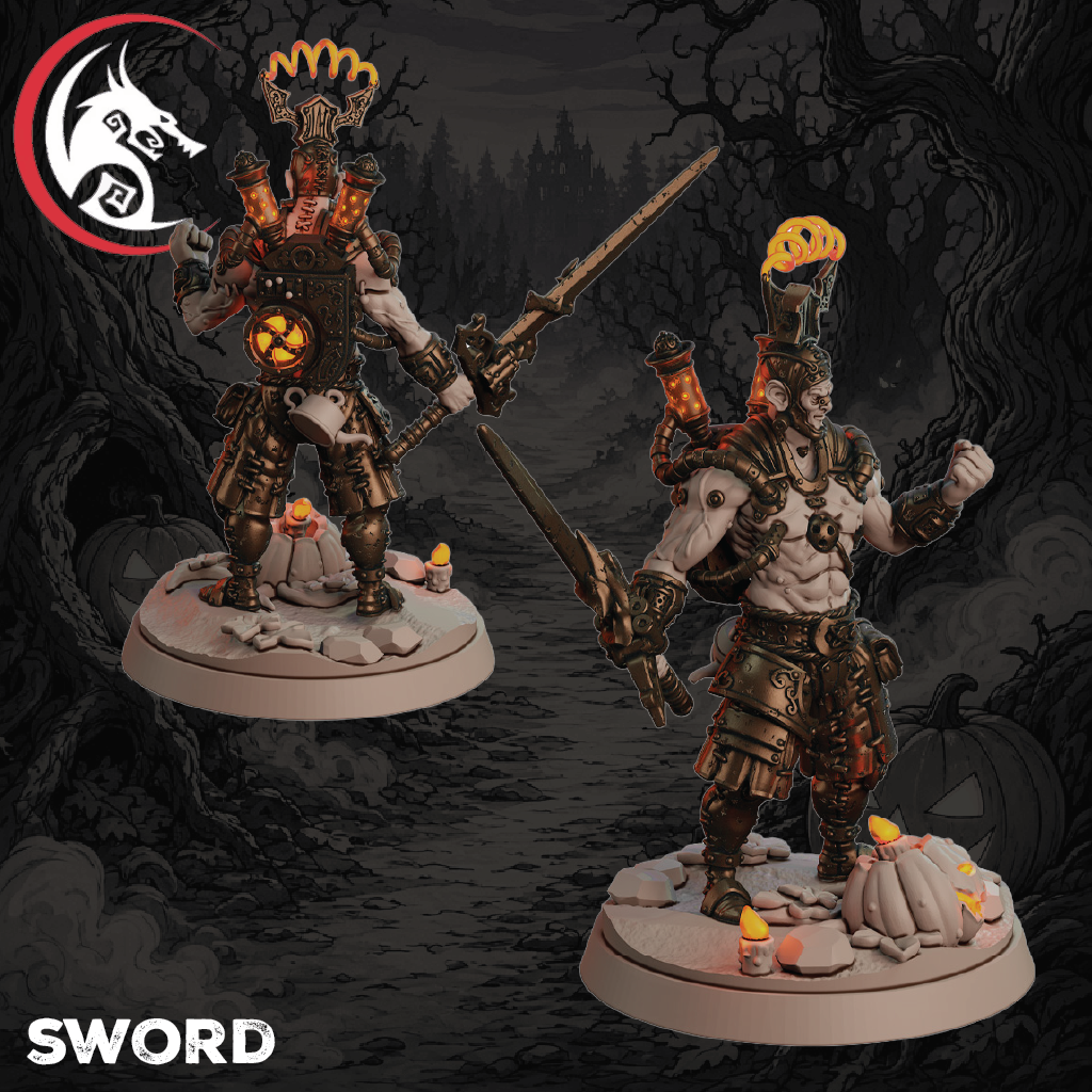 Two painted fantasy warrior miniatures on round bases, shown against a dark illustrated forest background. One figure holds a large sword and wears ornate armor with glowing orange accents; the other is a muscular warrior in similar armor.