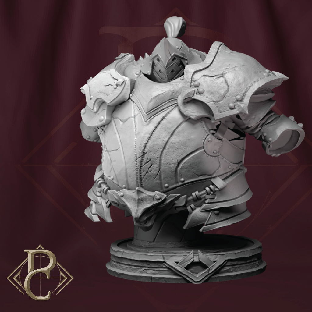A gray unpainted miniature bust of a heavily armored fantasy warrior, displayed on a round base against a dark maroon background with a stylized logo in the bottom-left corner.