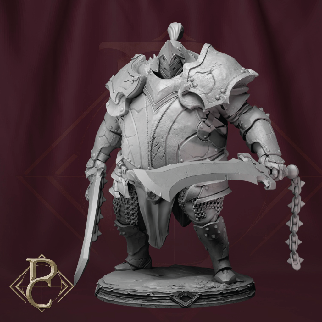 A monochrome fantasy warrior miniature figurine standing on a round base, holding a curved sword in one hand and a chain weapon in the other, against a dark burgundy backdrop with a decorative logo in the lower left corner.
