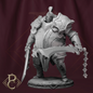 A monochrome fantasy warrior miniature figurine standing on a round base, holding a curved sword in one hand and a chain weapon in the other, against a dark burgundy backdrop with a decorative logo in the lower left corner.