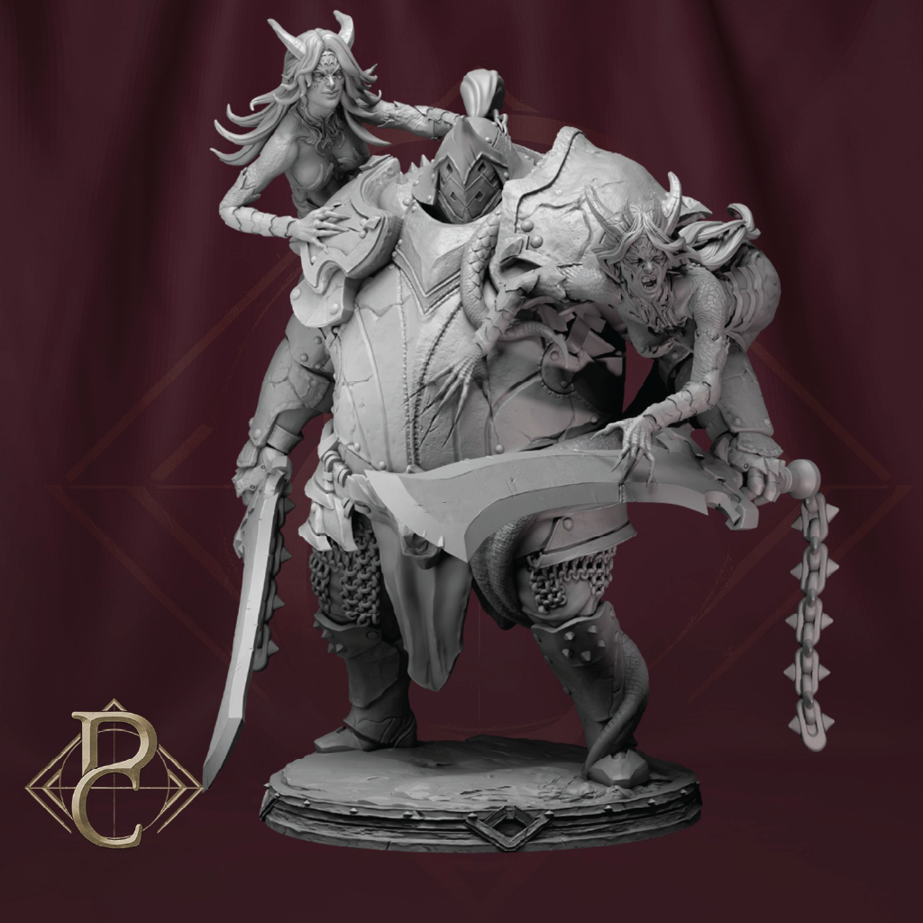 A monochrome fantasy miniature figurine of a warrior woman riding a horned beast while holding a large sword, set against a dark burgundy backdrop with a gold stylized 'B' logo in the lower left corner.