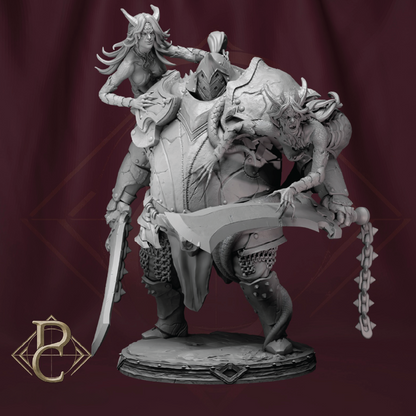 A monochrome fantasy miniature figurine of a warrior woman riding a horned beast while holding a large sword, set against a dark burgundy backdrop with a gold stylized 'B' logo in the lower left corner.