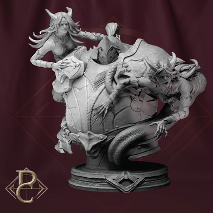 A monochrome fantasy figurine or statue depicting a horned female figure riding a armored, dragon-like creature on a circular base, shown against a dark burgundy backdrop with a gold stylized logo in the lower left.