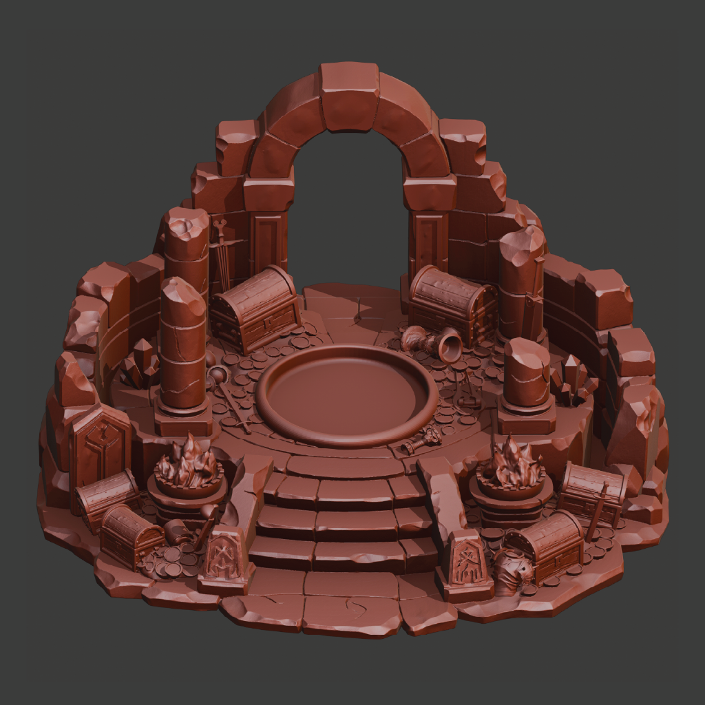 A 3D-rendered brown stone arena or game set with an arched opening, pedestal, stairs, cylindrical pillars, and scattered treasure chests on a dark gray background.