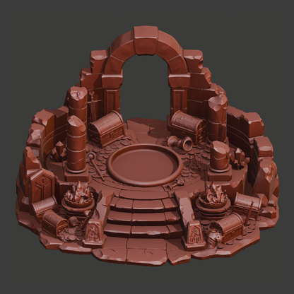 A 3D-rendered brown stone arena or game set with an arched opening, pedestal, stairs, cylindrical pillars, and scattered treasure chests on a dark gray background.
