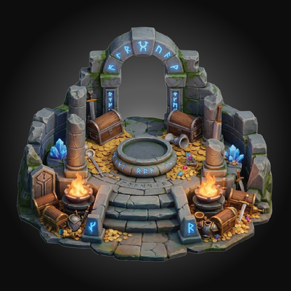 A fantasy stone arena stage set with an arched entrance, stone steps, glowing blue runes, treasure chests, gold coins, and two flaming braziers on a dark background.