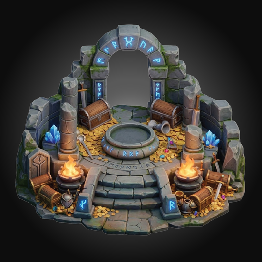 A fantasy stone arena stage set with an arched entrance, stone steps, glowing blue runes, treasure chests, gold coins, and two flaming braziers on a dark background.