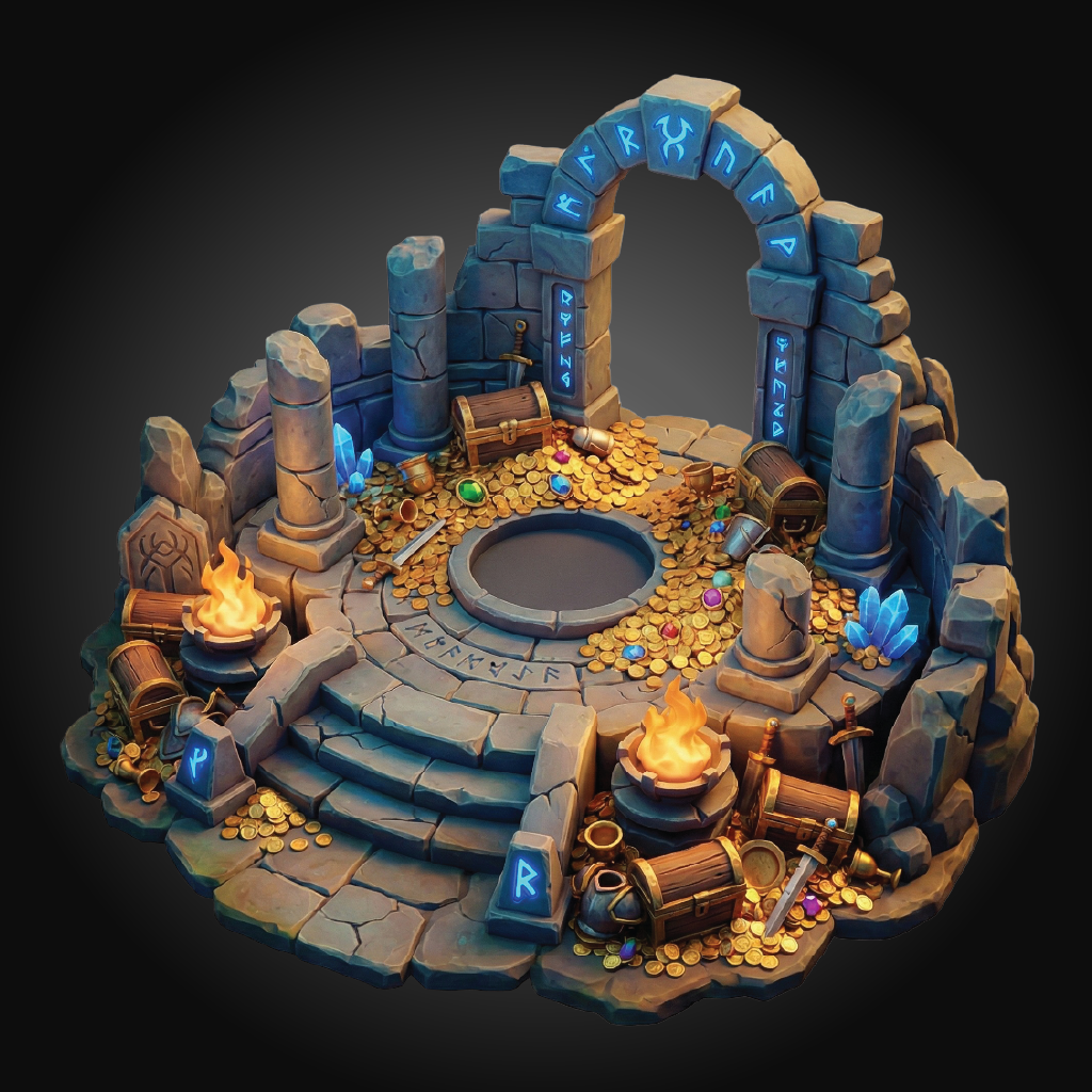 A fantasy stone platform set with an arched entrance, glowing blue runes, treasure chests, coins, braziers, crystals, and a central pool, shown on a dark gradient background.