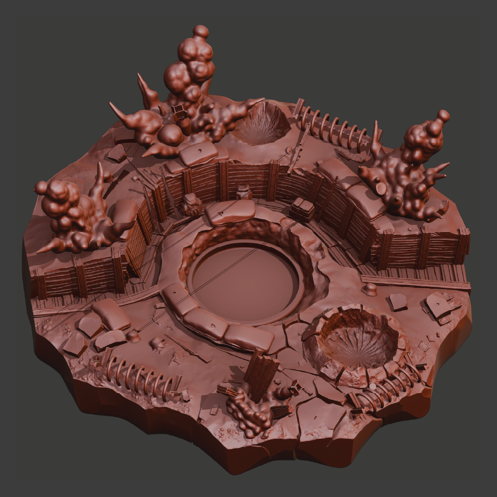 A 3D-rendered circular tabletop terrain piece in a uniform reddish-brown color, featuring a central pit, stone walls, wooden fencing, rocky textures, and sculpted decorative elements around the perimeter, shown on a dark gray background.