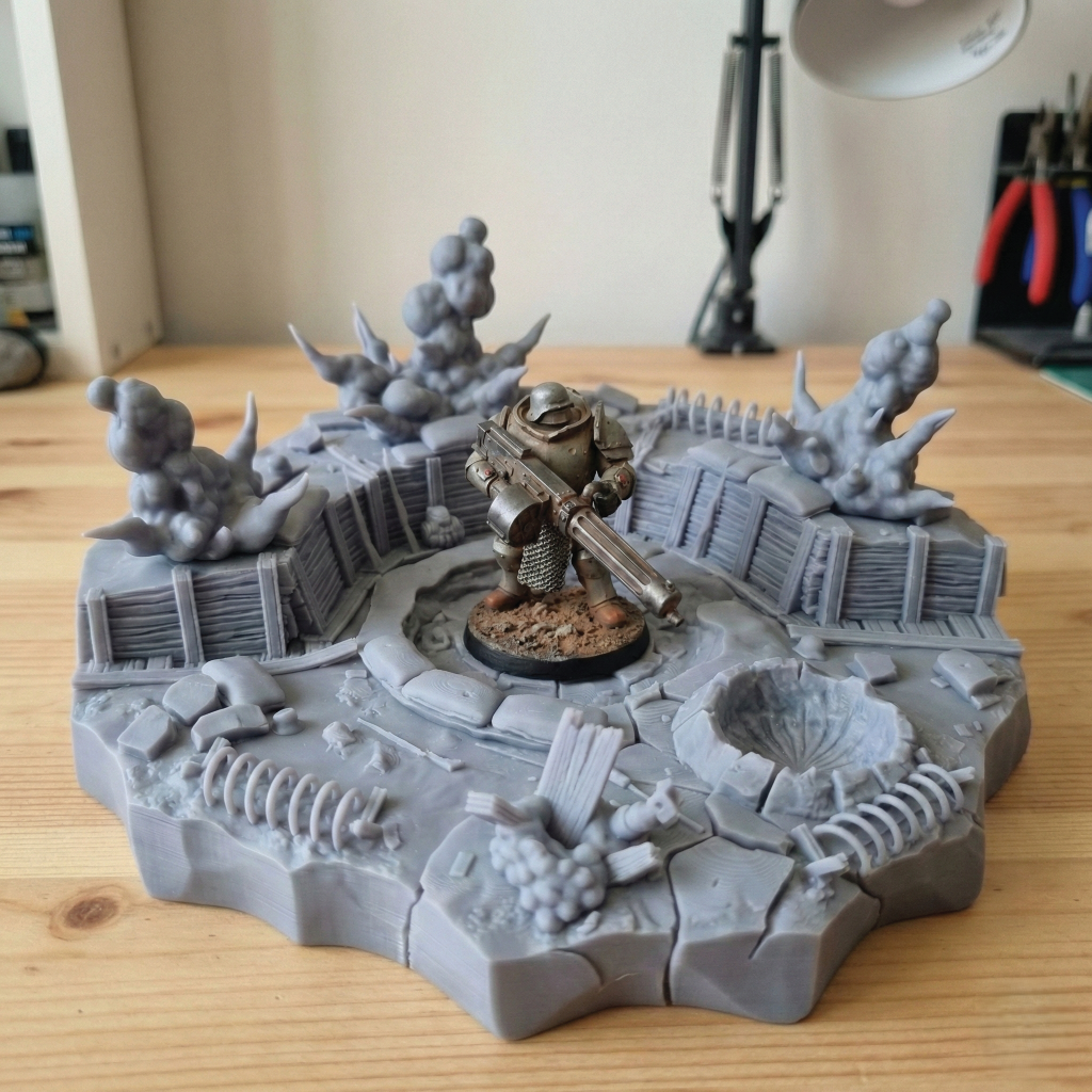 A gray unpainted tabletop gaming terrain piece featuring a sci-fi soldier miniature on a circular base, surrounded by ruined walls, debris, and smoke effects, displayed on a wooden desk.