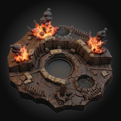 A circular miniature terrain piece or tabletop gaming diorama base with a dark central pit, stone walls, wooden fencing, and four orange fire effects with smoke on a black background.