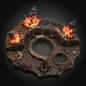 A circular miniature terrain piece or tabletop gaming diorama base with a dark central pit, stone walls, wooden fencing, and four orange fire effects with smoke on a black background.