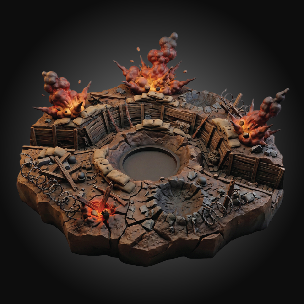 A detailed miniature tabletop terrain piece featuring a circular rocky base with explosions, crates, debris, and a central pit, shown on a dark gradient background.