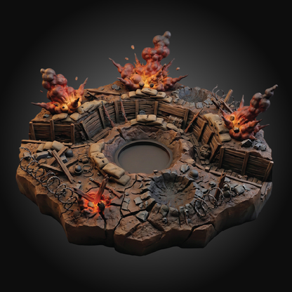 A detailed miniature tabletop terrain piece featuring a circular rocky base with explosions, crates, debris, and a central pit, shown on a dark gradient background.