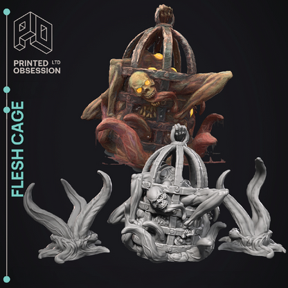 Flesh Cage sculpture with 'Printed Obsession' branding on a black background