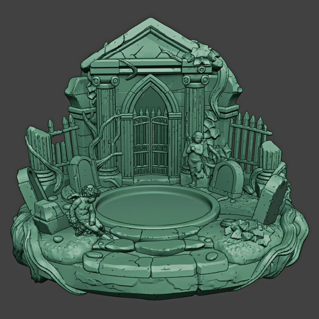 Greenstone miniature of a fantasy scene with a gate, statue, and pool on a dark background