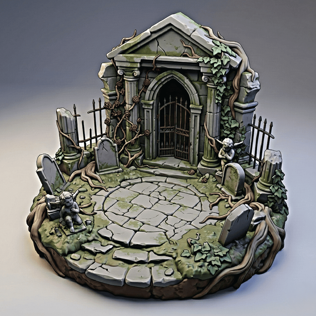 A 3D color render of a forgotten cemetery diorama for tabletop gaming miniatures