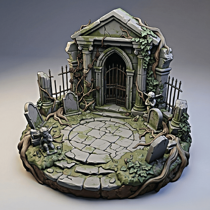 A 3D color render of a forgotten cemetery diorama for tabletop gaming miniatures