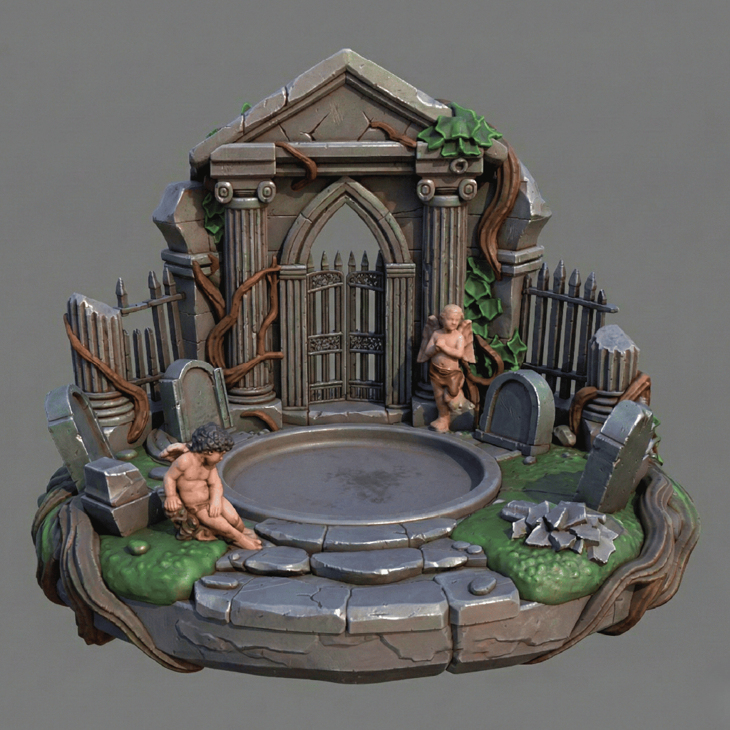 Decorative miniature scene with a stone fountain, statues, and tombstones on a gray background