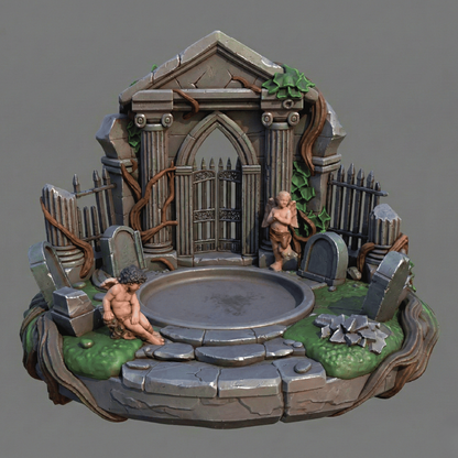 Decorative miniature scene with a stone fountain, statues, and tombstones on a gray background