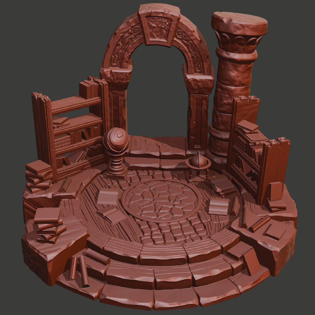 A 3D-rendered circular stone platform set resembling an ancient ruin or arena, with an arched opening, pillar, shelves, crates, and textured brown surfaces on a dark gray background.