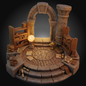 A miniature fantasy stone arena set with an arched entrance, stone pillars, bookshelves, scattered scrolls, and a glowing orb on a dark gradient background.