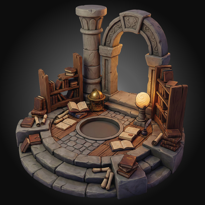 A 3D digital render of a fantasy stone library or study platform, featuring stone pillars, bookshelves filled with books, scrolls, an open book, a glowing lamp, and a central circular opening, set against a dark vignette background.