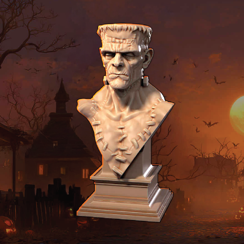 Bust of a monster against a Halloween-themed background with bats and a moon.