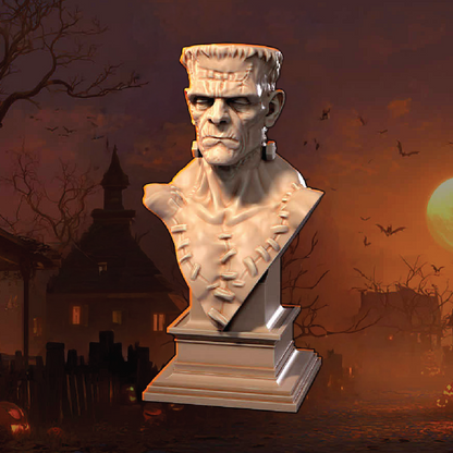 Bust of a monster against a Halloween-themed background with bats and a moon.