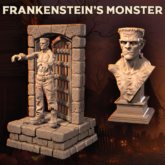 Statue of Frankenstein's Monster with a bust on a dark background
