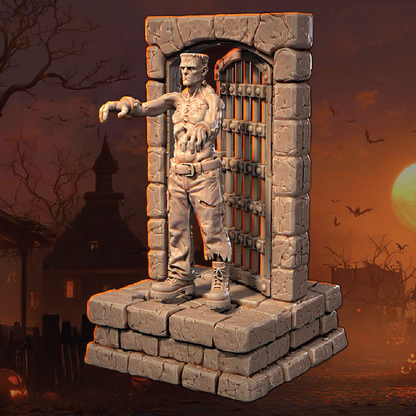 Statue of a muscular figure in a stone prison cell with a spooky sunset background